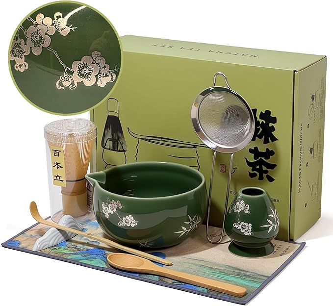 Matcha Whisk Set with Ceramic Bowl - Bamboo Whisk (Chasen), Scoop, Sifter & Holder - Complete Kit fo