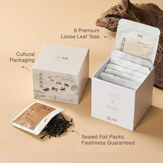 Chinese Loose Leaf Tea Sampler - 8 varieties of handpicked Black, White, Oolong & Pu-erh, Authentic Sustainable Collection, Perfect for Tea Lovers & Tasting Experience