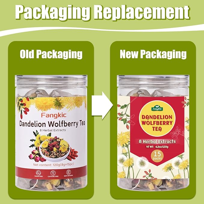 Fangkic 15 Packs Dandelion Root Wolfberry Tea, 8 Herbal Tea Bags Blend of Dandelion, Goji Berry, Jujube Dates, Rose, Licorice, Chrysanthemum