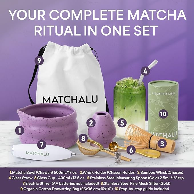 Matcha Whisk Set With Ceramic Matcha Bowl, Bamboo Whisk & Holder, Stainless Steel Spoon & Sifter, Glass Cup & Straw, Electric Frother, Storage Bag - Gift for Matcha Lovers (Premium 9-Piece Set Purple)