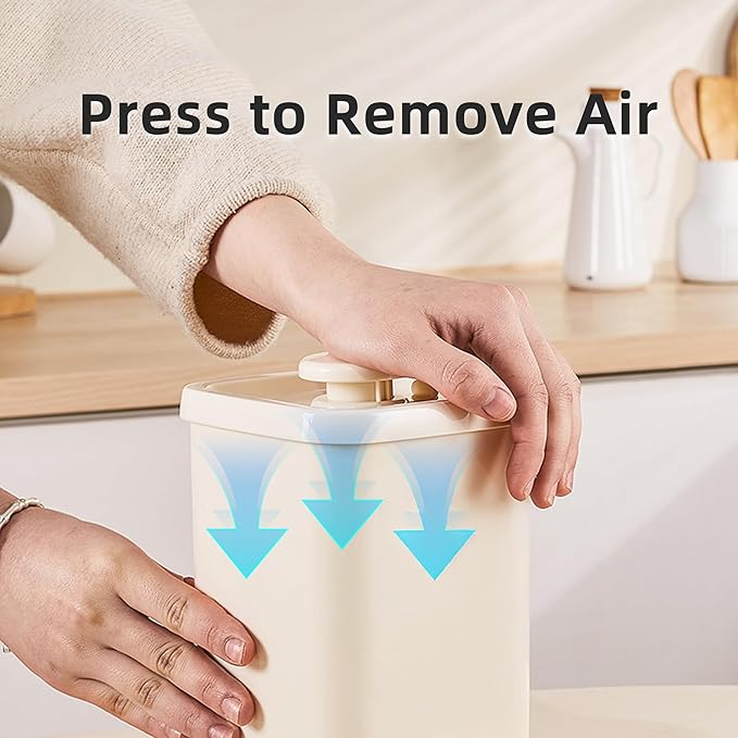 0.9L Vacuum Sealed Food Storage Container with Lid, Small Airtight Canister for Coffee, Tea, Snacks, Sugar, Flour, Dry Food, Compact Plastic Vacuum Bucket for Kitchen (Beige)