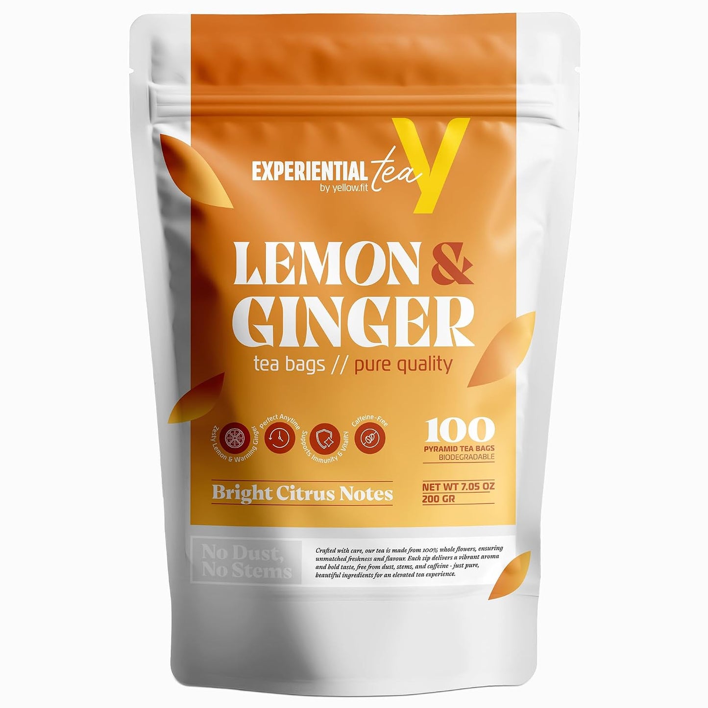 Yellow.fit Ginger Lemon Herbal Tea Bags – 1500mg Loose Leaf Tea Bags, Caffeine-Free Herbal Tea with Ginger Root &amp; Lemon Peel, Plant-Based Tea Bags, 100 Count