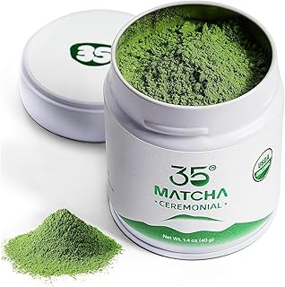 35°N MATCHA Organic Ceremonial Grade Matcha Green Tea Powder – Smooth, Vibrant Green, Low Bitterness, First Harvest, Ideal for Matcha Lattes & Usucha, USDA Certified (40g / 1.4oz)-White Tin