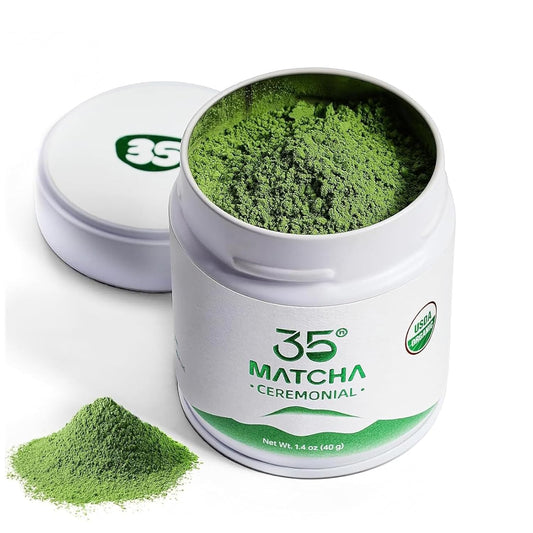 35°N MATCHA Organic Ceremonial Grade Matcha Green Tea Powder – Smooth, Vibrant Green, Low Bitterness, First Harvest, Ideal for Matcha Lattes & Usucha, USDA Certified (40g / 1.4oz)-White Tin
