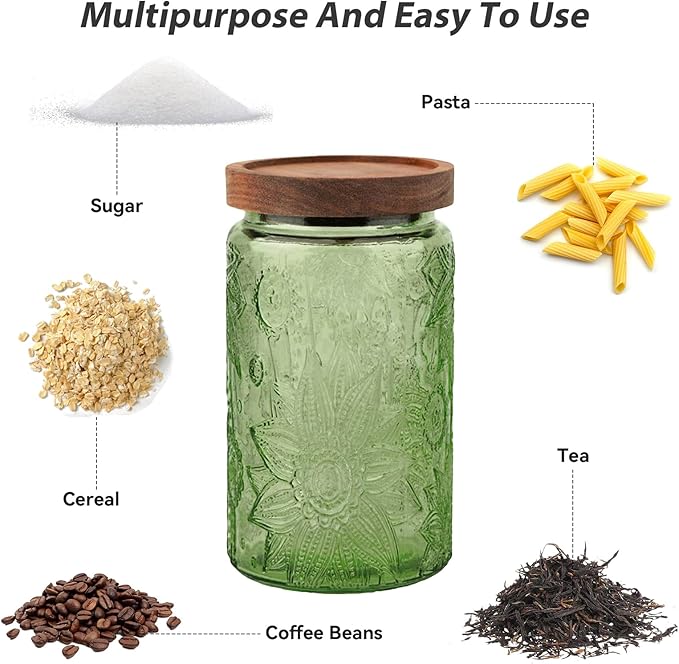 Glass Jar with Lid, Vintage Glass Storage Jars with Airtight Lid Coffee Canister Sugar Container for Kitchen Counter Pantry, Spice, Candy