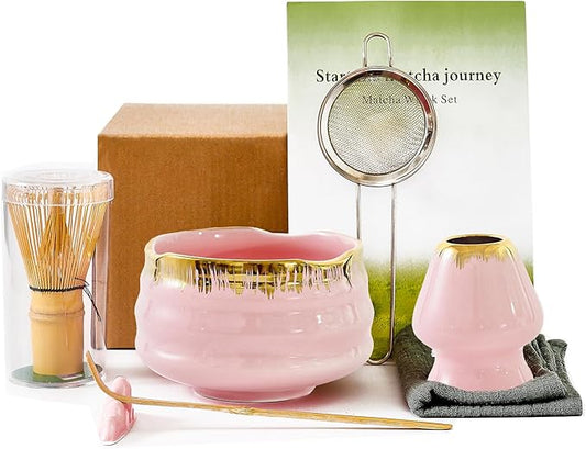 7-Piece Matcha Set: Matcha Bowl + Bamboo Whisk Kit, Ceremonial Matcha Whisk Tools with Golden Texture Details, Japanese Tea Ceremony Starter Kit, Unique Matcha Gift (pink)