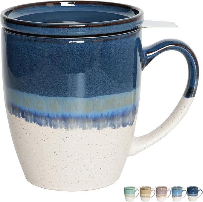 Bosmarlin Ceramic Tea Cup with Infuser and Lid, 16 Oz, 5 Colors to Choose, Dishwasher and Microwave 