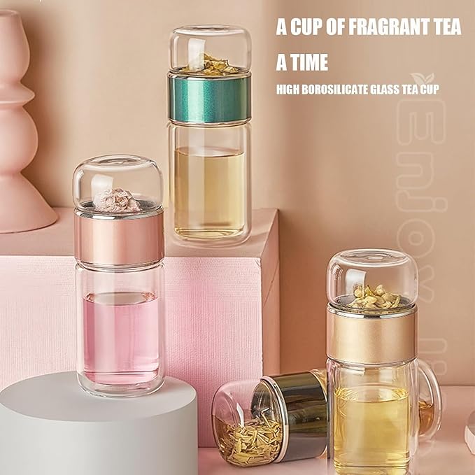 Glass Infuser, 3-in-1 smart Tea Infuser Double Wall Glass Teacup with infuser for Loose Tea, Portable Teas Steeper (Silver, 14oz)