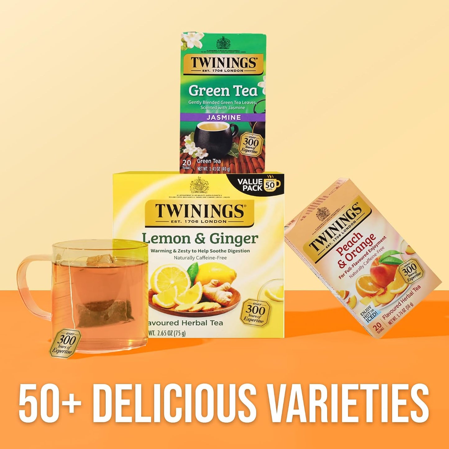 Twinings Peach &amp; Orange Herbal Caffeine-Free Tea Bags, 20 CT Box (1 Pack) | Sweet &amp; Zesty, White Hibiscus, Rosehips, Naturally Caffeine-Free, 20 Foil Lined Individually Wrapped Bags, Enjoy Hot or Iced