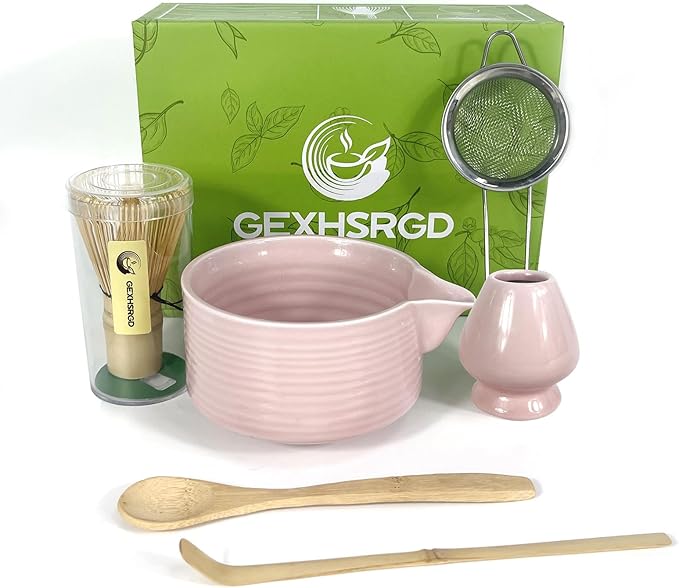 Matcha Whisk Set 6 pc Kit - Traditional Japanese Chasen, Bamboo Whisk Holder, Ceramic Bowl with Spou