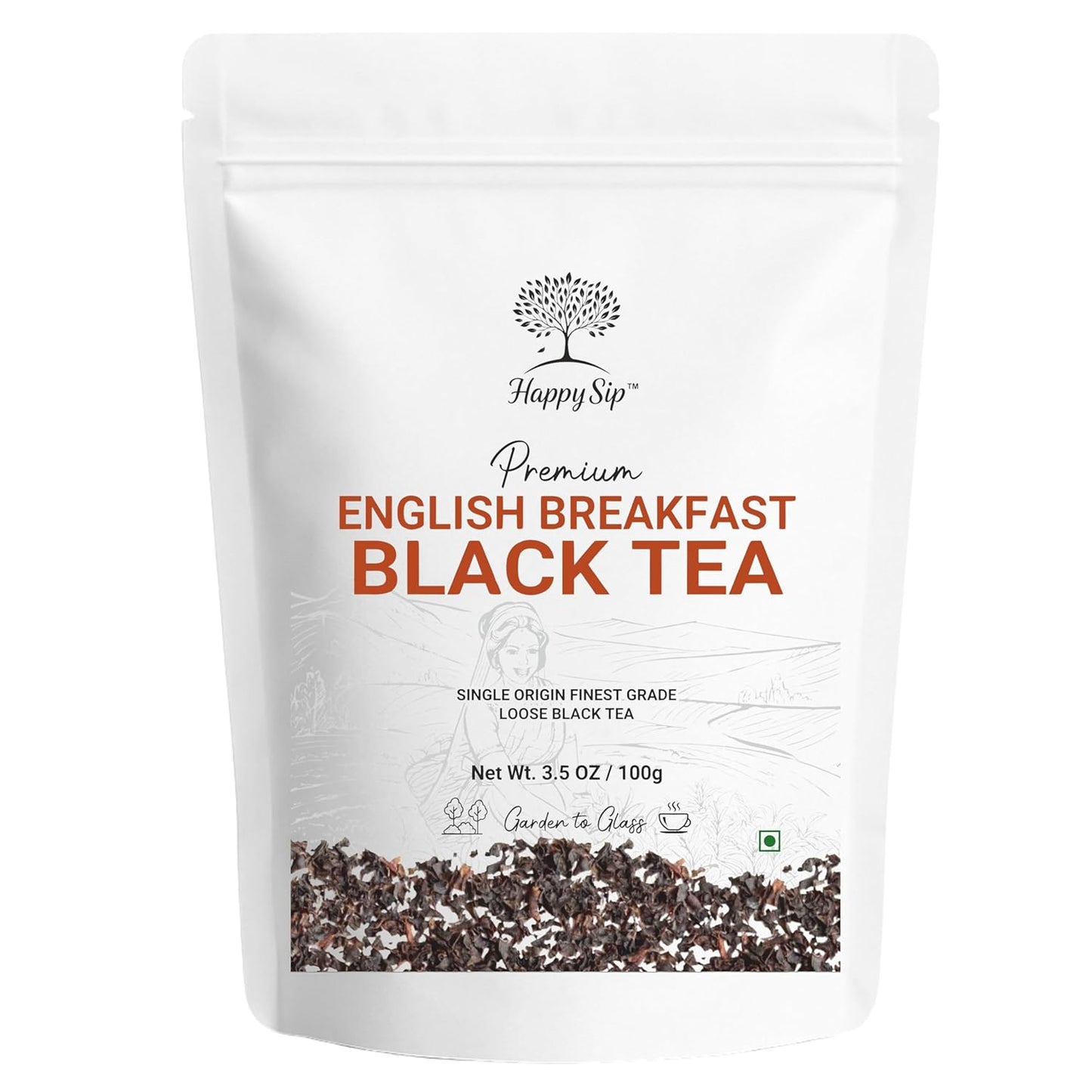 Happy Sip English Breakfast Tea Loose Leaf (100g/3.5oz) Strong, Robust, High Caffeine Black Tea Loose Leaf | Non-GMO | Resealable, Ziplock Pouch | Brew Hot, Iced | Darjeeling Black Tea
