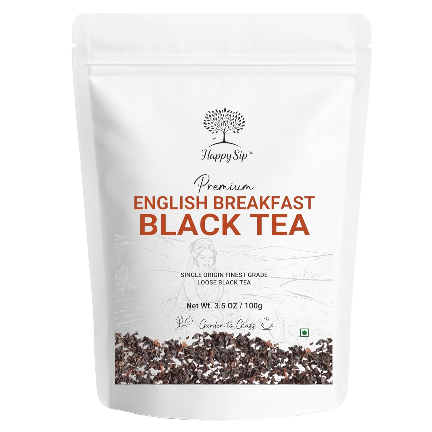 Happy Sip English Breakfast Tea Loose Leaf (100g/3.5oz) Strong, Robust, High Caffeine Black Tea Loose Leaf | Non-GMO | Resealable, Ziplock Pouch | Brew Hot, Iced | Darjeeling Black Tea