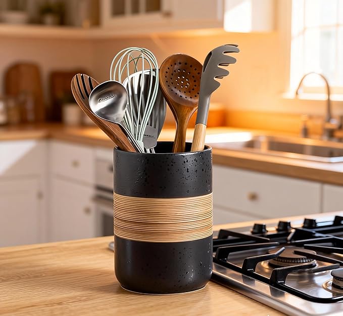 Large Storage Containers with Lids, Ceramic Coffee Container Kitchen Food Storage Jars for Spice Sugar Tea Bag, Stackable Decorative Jars for Counter, Black & 61 fl.oz