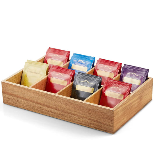 Drastar Acacia Wooden Tea Bag Organizer with 8 Slots, Sugar Packet Holder and Tea Bag Caddy Box for Countertop