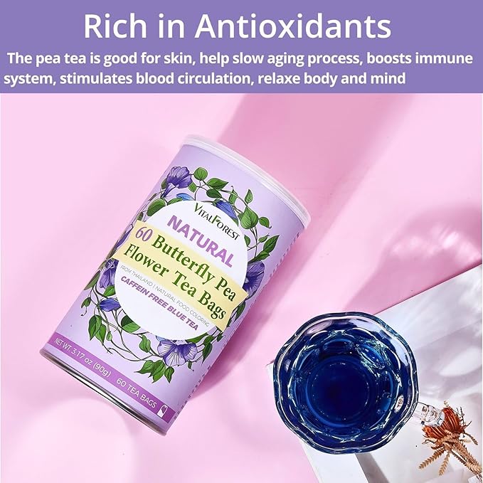 60 Dried Butterfly Pea Flower Tea Bags, VitalForest Butterfly Blue Pea Flower Tea, Premium Caffeine Free, Non-GMO, for Cooking, Iced Tea, Coolers