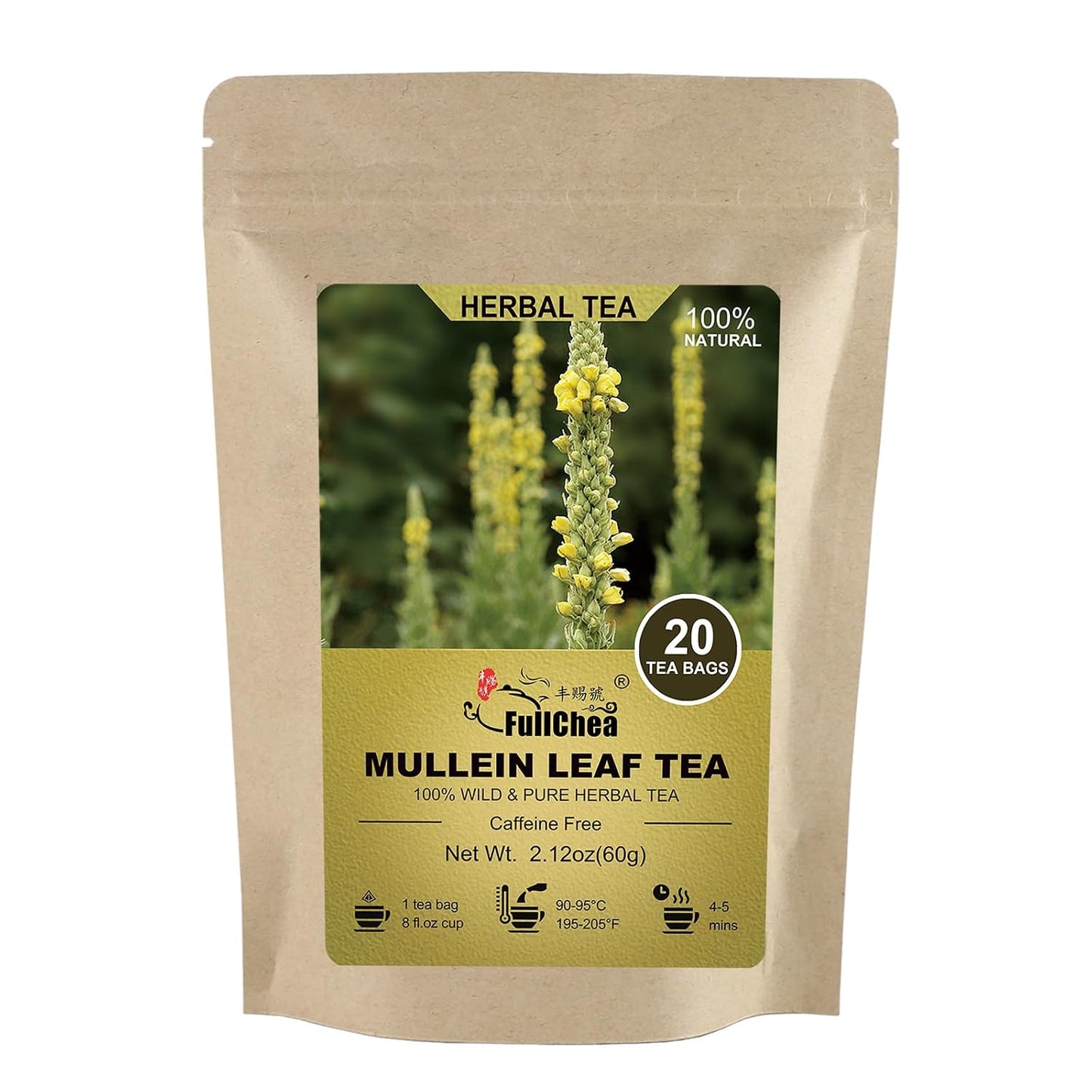 FullChea Mullein Tea Bags, 3g X 20 Count, Original Compression Technology