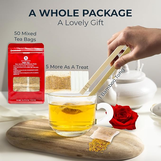 Rose Tea, Re-Steep Chrysanthemum, Jasmine & Stevia Herbal Tea - 55 Count (+5 Tea Bags) Bamboo Tong Included - 4.37 oz, Relax,Support, Up Mood