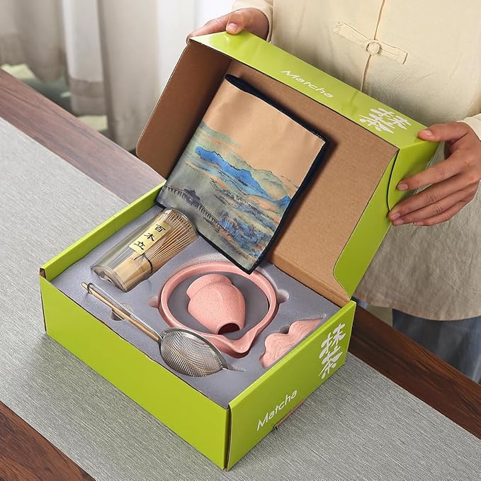 Matcha Tea Ceremony Set with Pink Ceramic Bowl, Bamboo Whisk, Strainer and Mat, 7-Piece Traditional Japanese Style