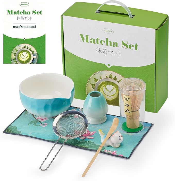 Aganippe 7 Pcs Matcha Whisk Set,Matcha Set, Matcha Kit, Matcha Tea Set,Matcha Bowl Set with Cat Scoop Holder, Tea Cloth, Sifter(Gradient Turquoise)