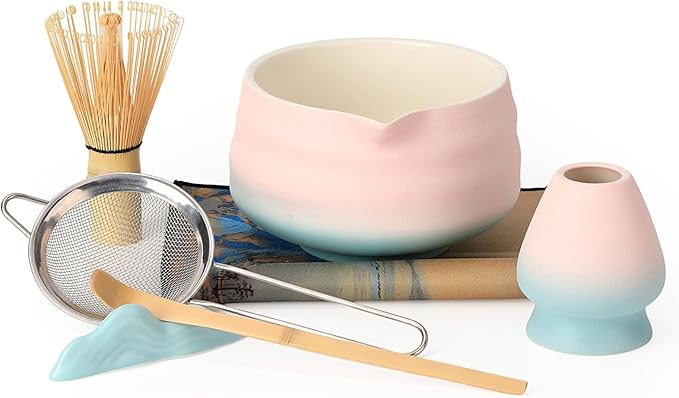 Matcha Bowl and Whisk Set - 7-Piece Kit Bamboo Matcha Whisk (Chasen), Ceramic Chawan, Sifter & Holde