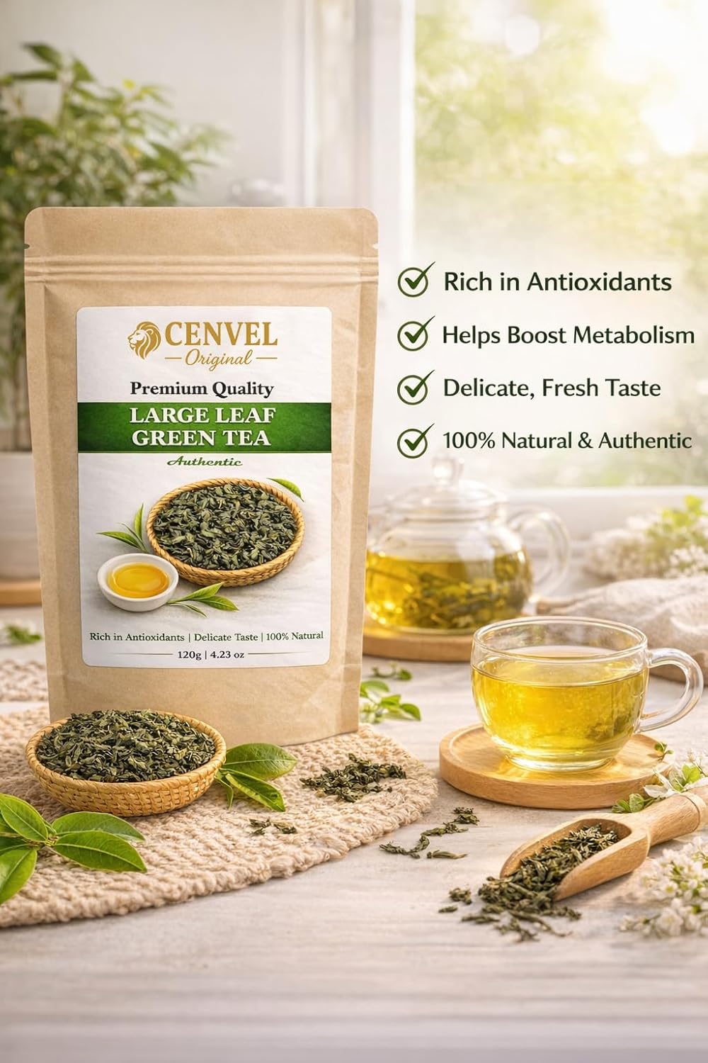 CENVEL® Large Leaf Green Tea | Exquisite Taste & Aroma | Premium Green Tea | Pure & Natural | Non GMO | Vegan Friendly (120g)