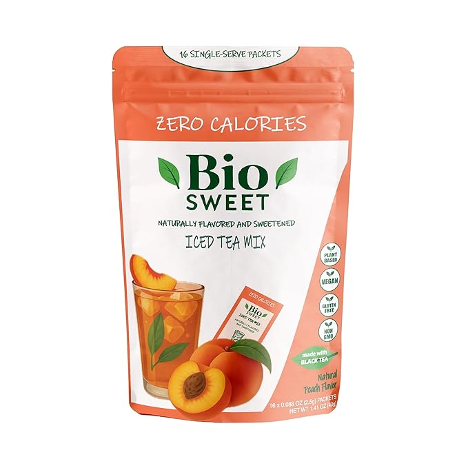 BioSweet Iced Tea Mixes - Peach Flavor | Zero Calorie Mix from Real Black Tea | Naturally Sweetened & Flavored | Non GMO, Gluten Free, Vegan (16 single-serve packets)