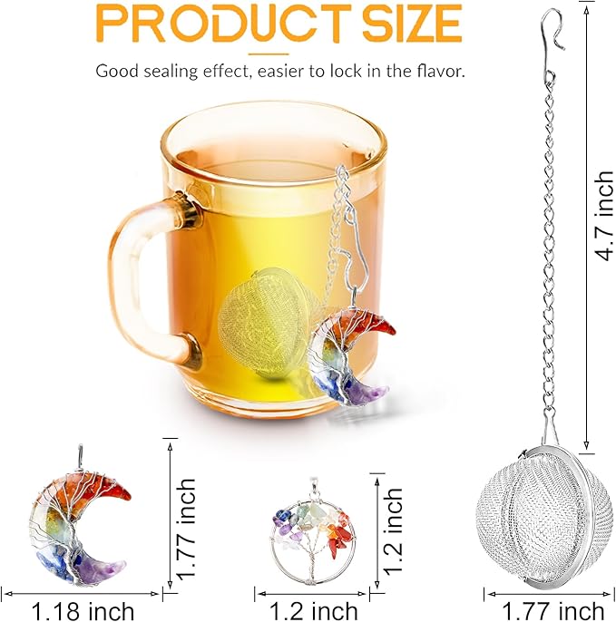 7 Chakra Healing Crystal Tea Infuser Set - Reiki Quartz Gemstone Wire Wrapped Crescent Moon & Tree of Life Pendants