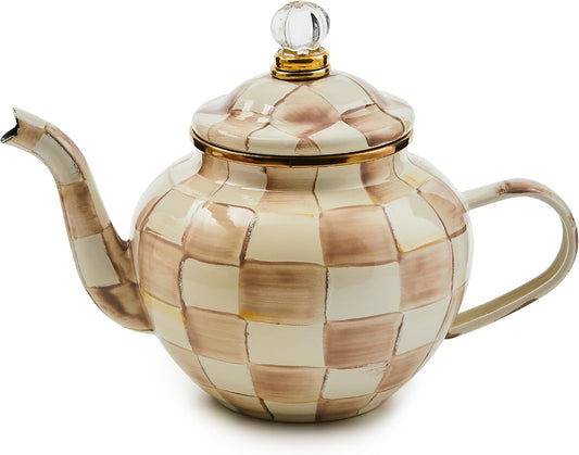 MACKENZIE-CHILDS Enamel Teapot, 4 Cups, Brown-and-White Mocha Check | Hand-painted design, small teapot with lid for steeping and serving tea, 9" W x 7" H
