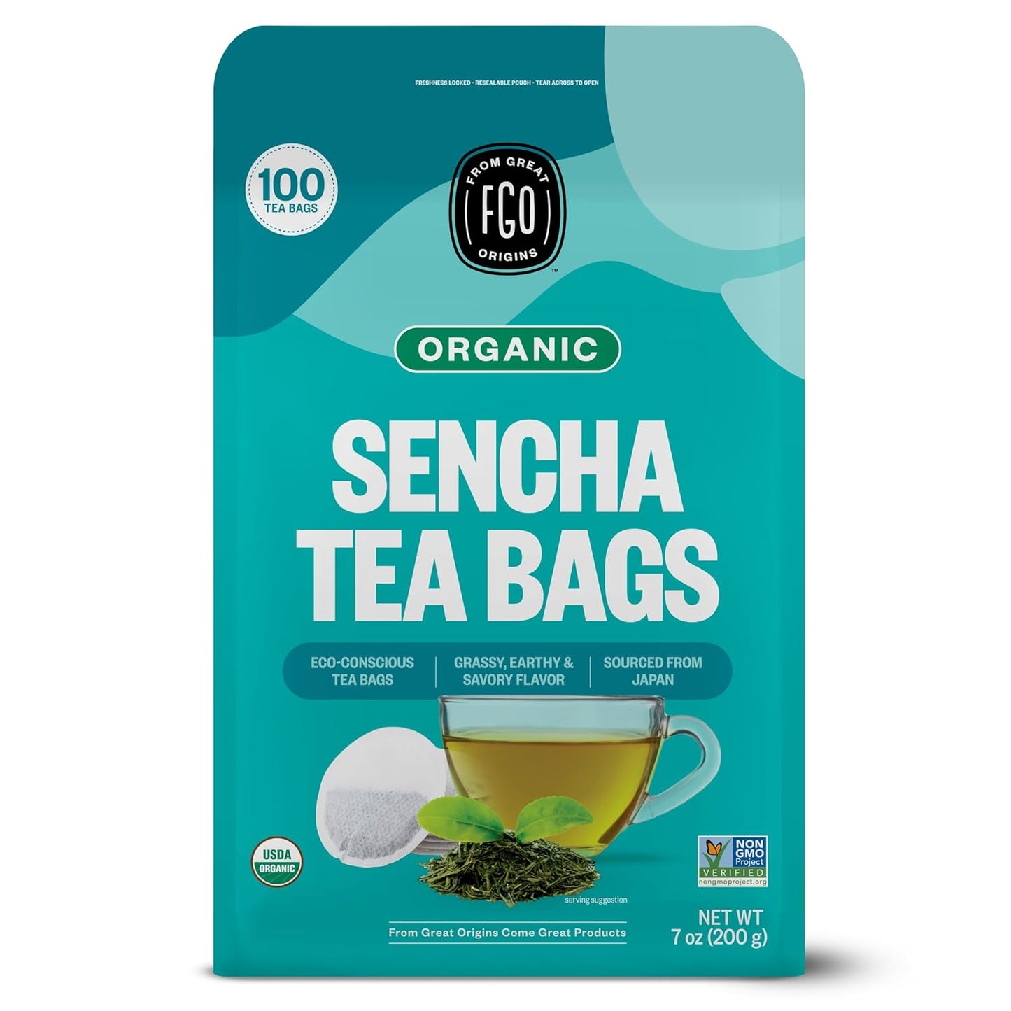 FGO Organic Sencha Green Tea, 100 Count, Eco-Conscious Tea Bags, Resealable Bag, Sourced From Japan, Packaging May Vary (Pack of 1)
