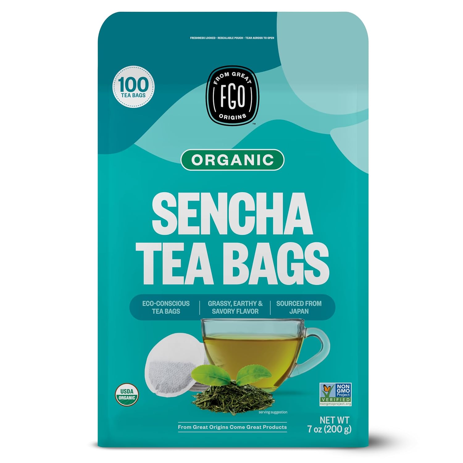 FGO Organic Sencha Green Tea, 100 Count, Eco-Conscious Tea Bags, Resealable Bag, Sourced From Japan, Packaging May Vary (Pack of 1)