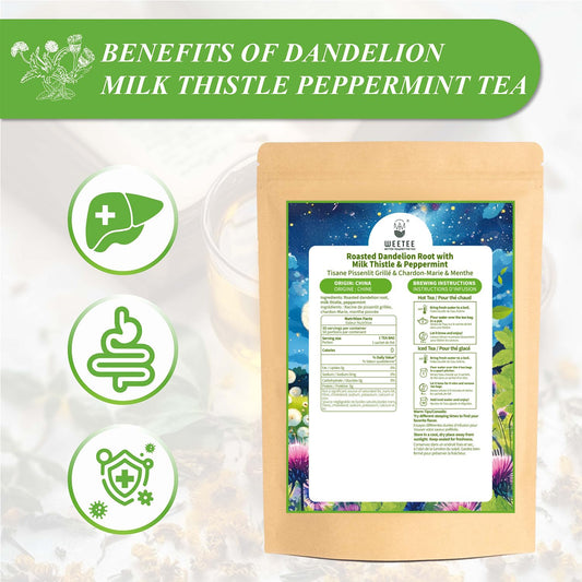 WT WEETEE Roasted Dandelion Root Tea with Milk Thistle and Peppermint 50ct | Natural Caffeine-free Dandelion Milk Thistle Herbal Tea Bags for Daily Cleanse, Toasted Nutty Flavor &amp; Coffee Alternative