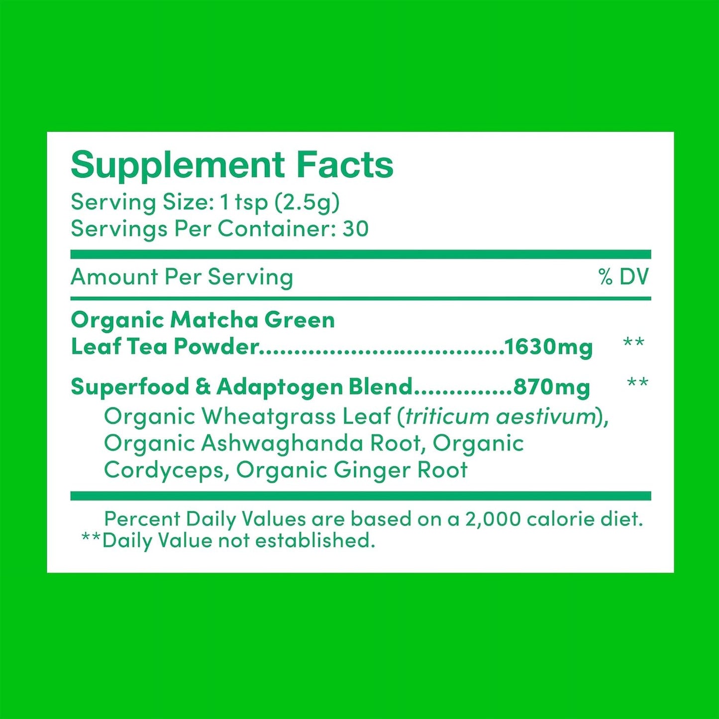 Further Food Superfood Matcha Powder, USDA Organic Japanese Matcha | With Ashwagandha, Ginger, Wheatgrass &amp; Cordyceps, Brain Boosting Energy &amp; Detox Tea, 2.65 Oz