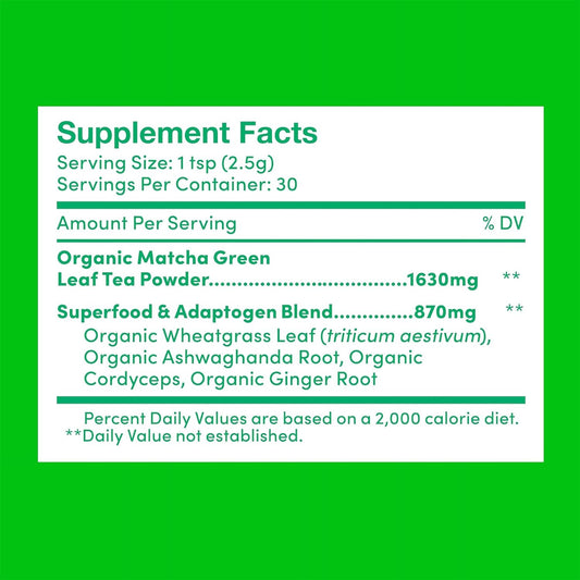 Further Food Superfood Matcha Powder, USDA Organic Japanese Matcha | With Ashwagandha, Ginger, Wheatgrass &amp; Cordyceps, Brain Boosting Energy &amp; Detox Tea, 2.65 Oz