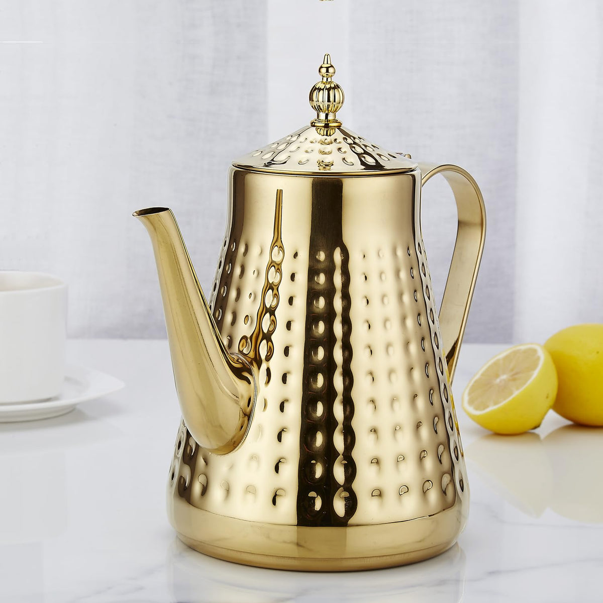 SANQIAHOME 1.8L(60oz) Stainless Steel Hammer Patterned Teapot With Removeable Infuser,Loose leaf cover,Gold