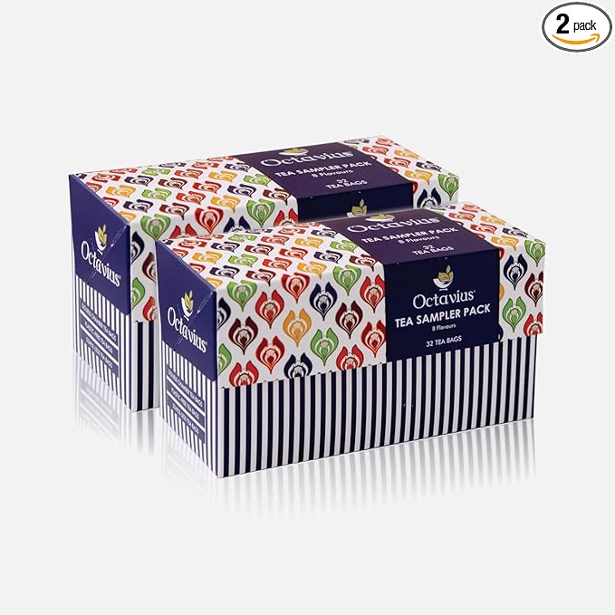 Octavius Assorted Tea Sampler – 32 Teabags | Pack of 2 | 8 Flavors of Premium Black & Green Tea | Variety Pack for Gifting & Daily Enjoyment