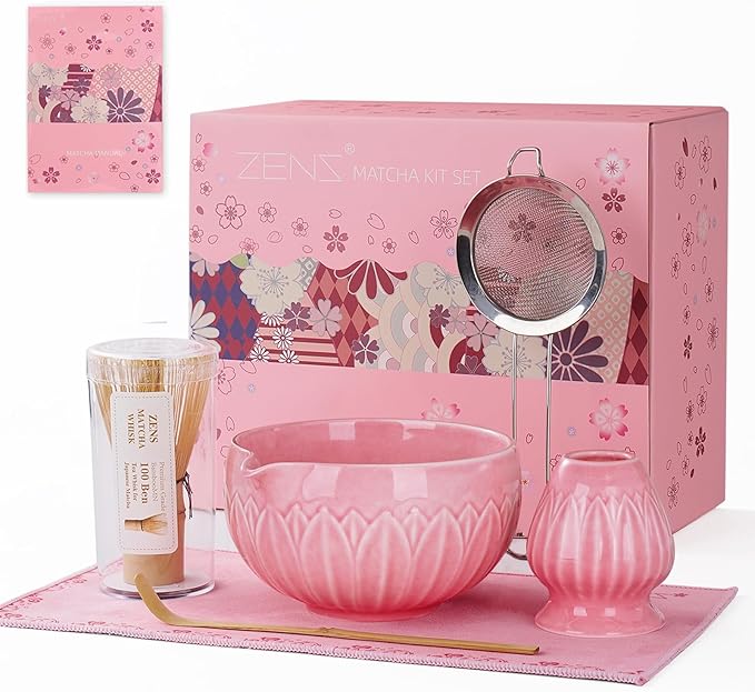 Zens Pink Matcha Kit, 6pcs Matcha Whisk Set Includes 15oz Pink Bowl, Chasen Holder, Bamboo Whisk & Scoop, 304 Sifter & Tea Mat