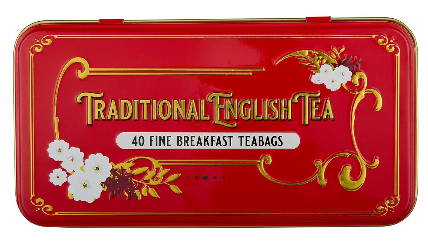 New English Teas Vintage Victorian Tea Tin in Berry-Red with 40 English Breakfast Teabags