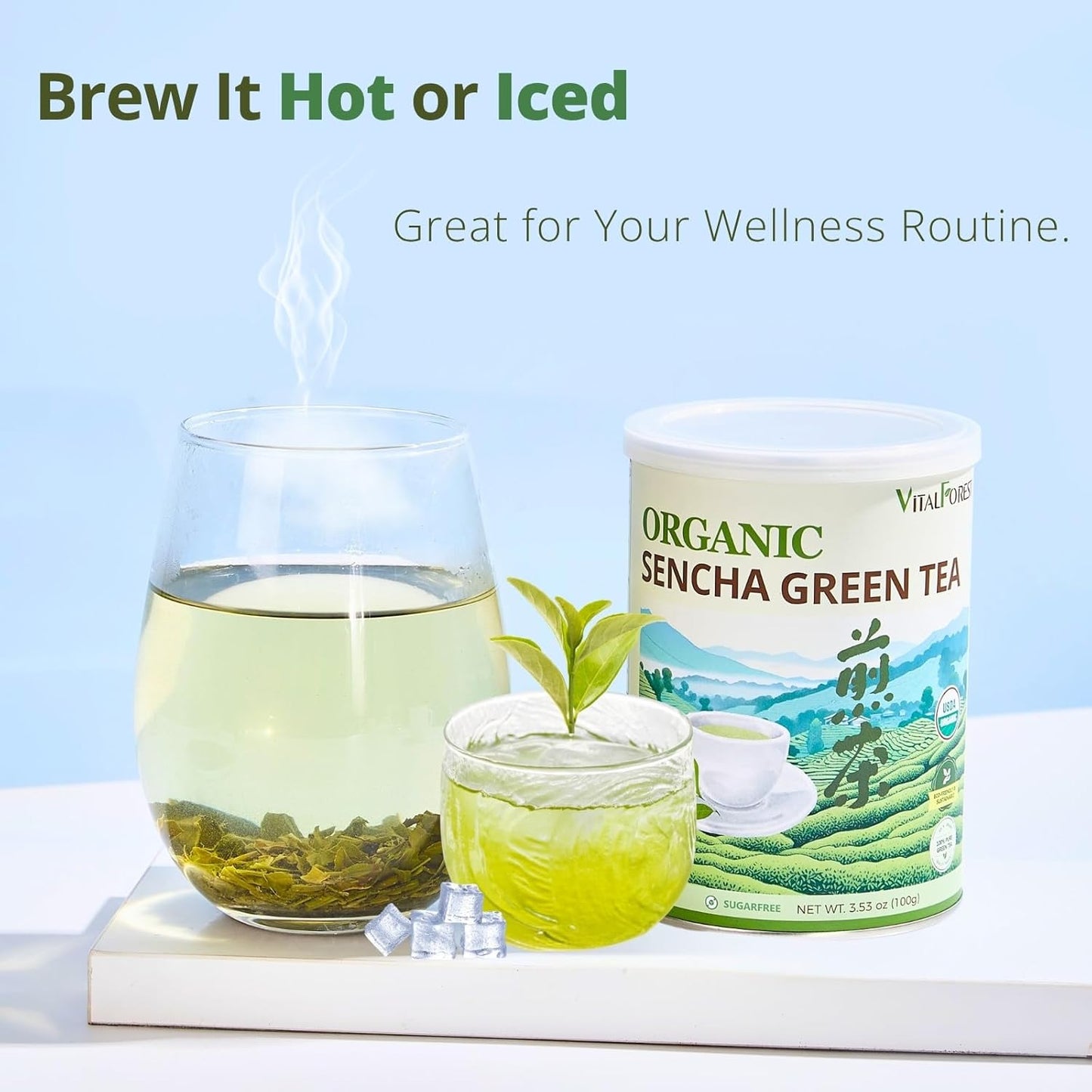 Organic Sencha Green Tea Loose Leaf – 3.53oz/100g, USDA Organic, Whole Leaf Green Tea, VitalForest Premium Steam-Fixed Green Tea, Mild Umami Taste