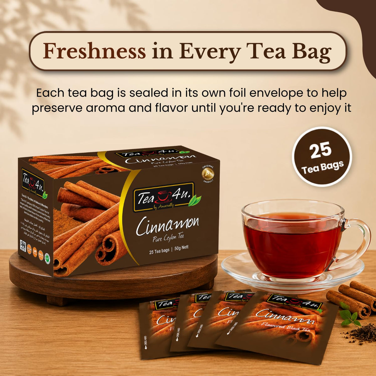 TEA 4U. BY ANVERALLY Tea4U Cinnamon Flavored Black Ceylon Tea Bags - Sri Lankan Blend - 25 Count