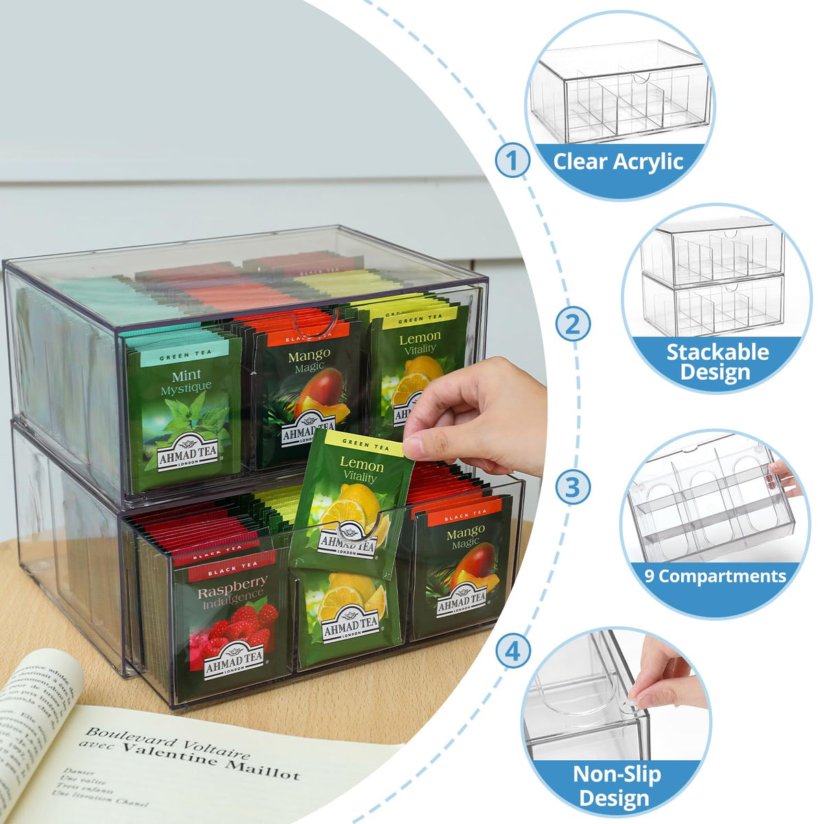 CLUQMEIK 2 Large Acrylic Tea Bag Organizer, 9 Grids Tea Organizers and Storage with Acrylic Drawers Stackable, Teabag Holder