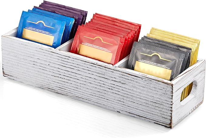 Drastar Tea Bag Organizer with 3 Slots, Wooden Sugar Packet Holder, Mini Tea Bag Caddy Box for Countertop, Retro White