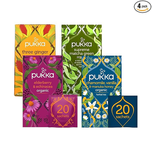 Pukka Tea Bags, Organic (Elderberry + Echinacea, Matcha Green,Chamomile Vanilla & Manuka Honey, & Three Ginger) (1ea) (Variety Pack)