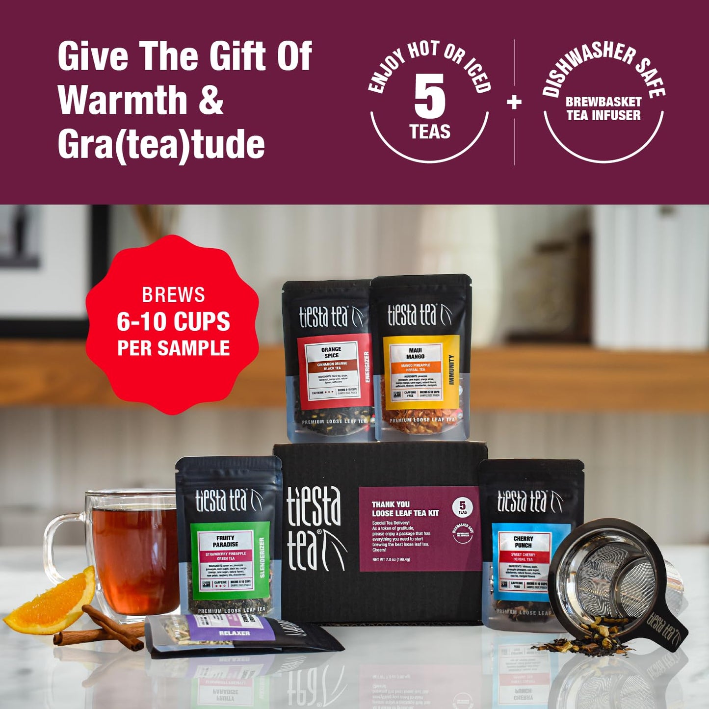 Tiesta Tea - Thank You Loose Leaf Tea Kit, Up to 50 Cups, High to No Caffeine, Hot & Iced, Tea Variety Pack with Green, Herbal, & Black, 5 Sample Pouches with Brewbasket Infuser Basket