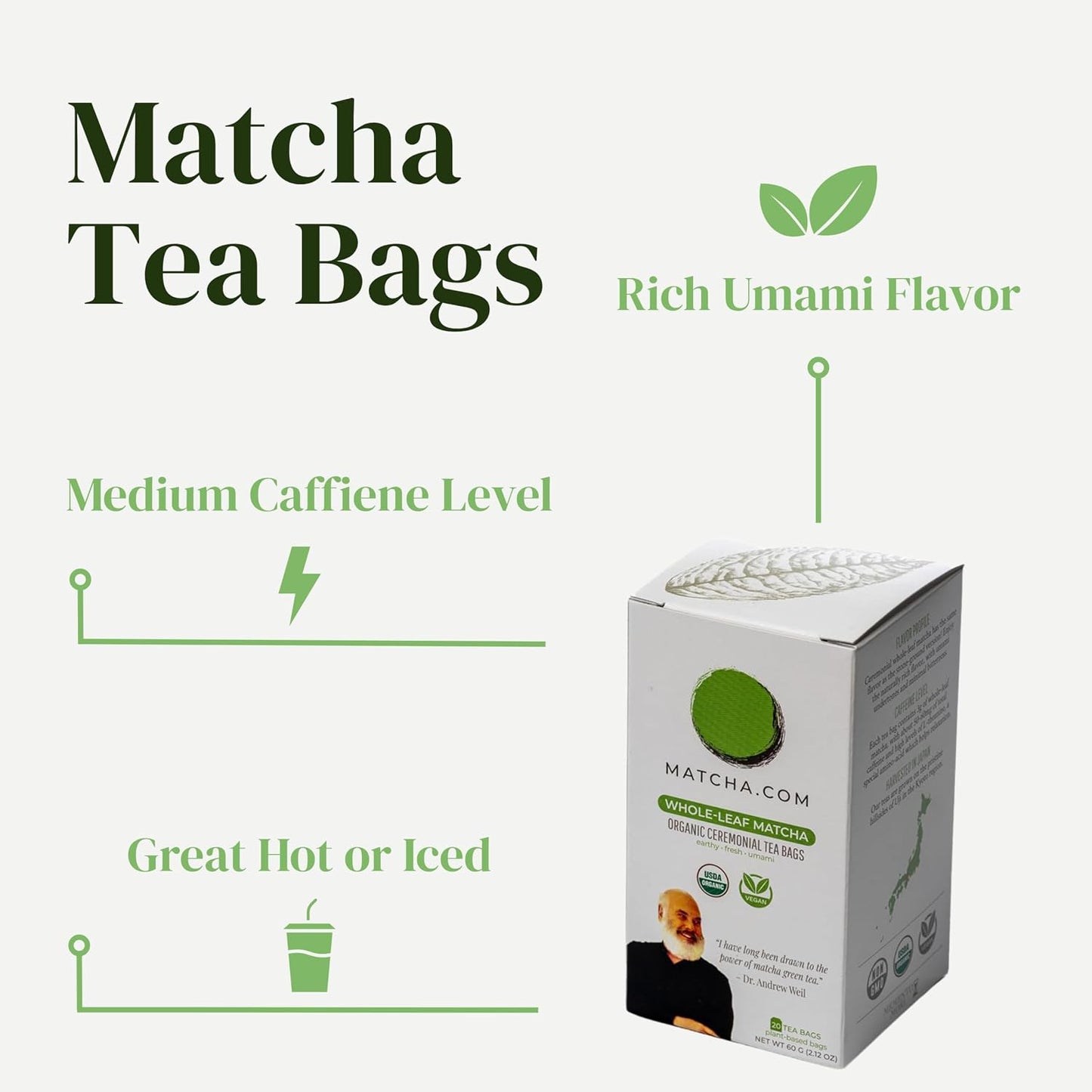 Matcha Kari Organic Japanese Green Tea Bags - Whole Leaf Tencha - 20 Ct | Organic superior Japanese matcha green tea in whole-leaf tencha bags, rich umami, antioxidants, smooth caffeine, 20 ct