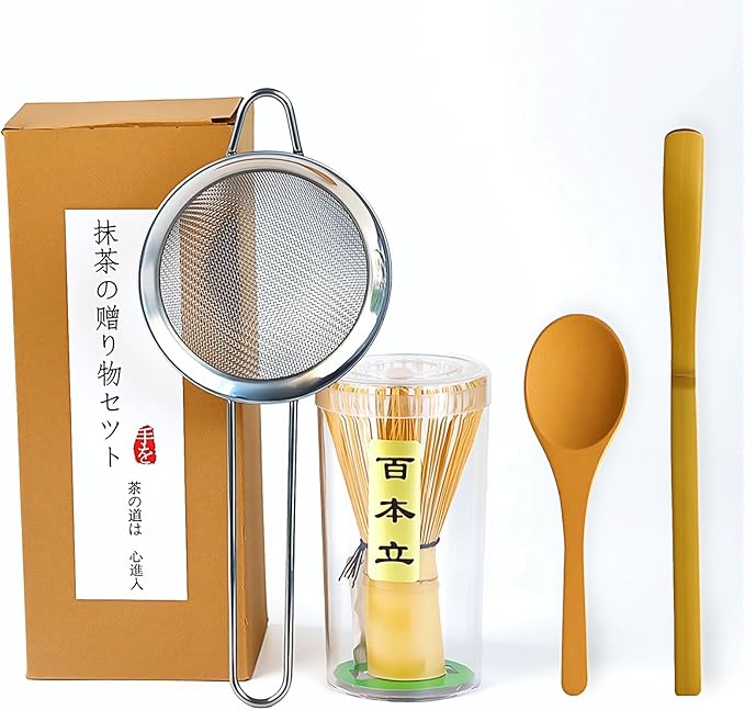 Matcha Whisk Set, 4 Piece Matcha Making Kit Includes Bamboo Whisk (Chasen), Spoon (Chashaku), Stainless Steel Sifter, Teaspoon