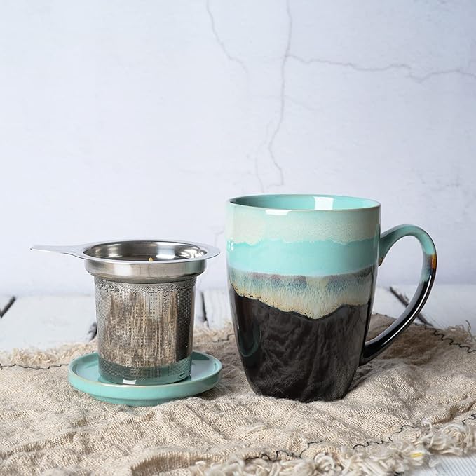 Bosmarlin Ceramic Tea Cup with Infuser and Lid, 13.5 Oz, 4 Colors to Choose, Dishwasher and Microwave Safe, Reactive Glaze, Steeping Tea Mug with Strainer