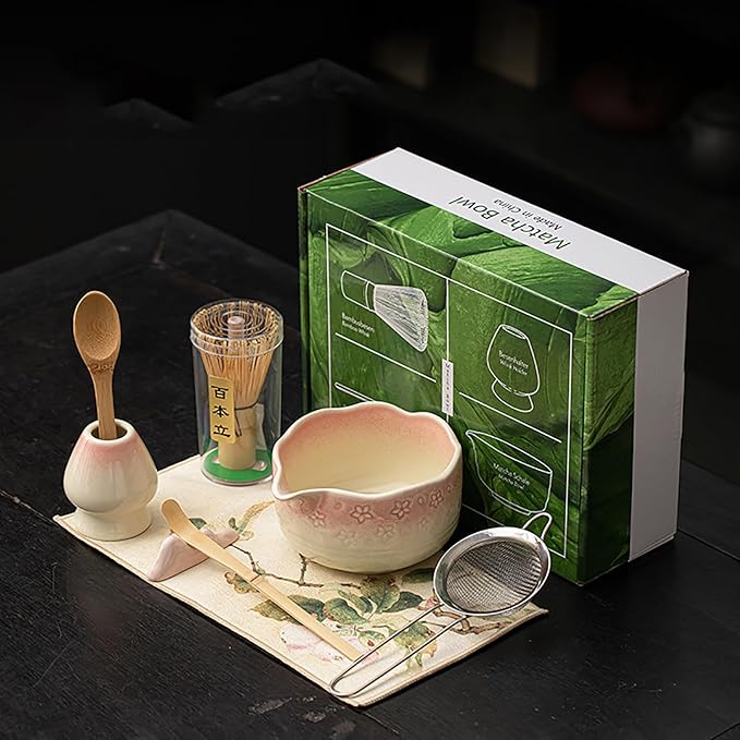 Matcha Whisk Set, 8-Piece Matcha Tea Set with Bamboo Whisk (Chasen), Ceramic Bowl (Chawan), Sifter, 