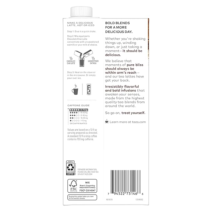 TAZO Chocolate Chai Latte, Flavored Black Tea Concentrate, 32 Fl Oz Carton (Pack of 6)