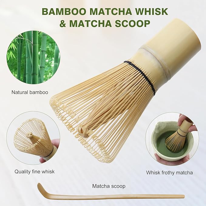 Matcha Whisk Set, Japanese Tea Set includes Matcha Bowl with Spout, Matcha Whisk and Holder, Bamboo Scoop - 4 Pcs Ceremonial Grade Matcha kit for Tea Lovers (Jade Green)