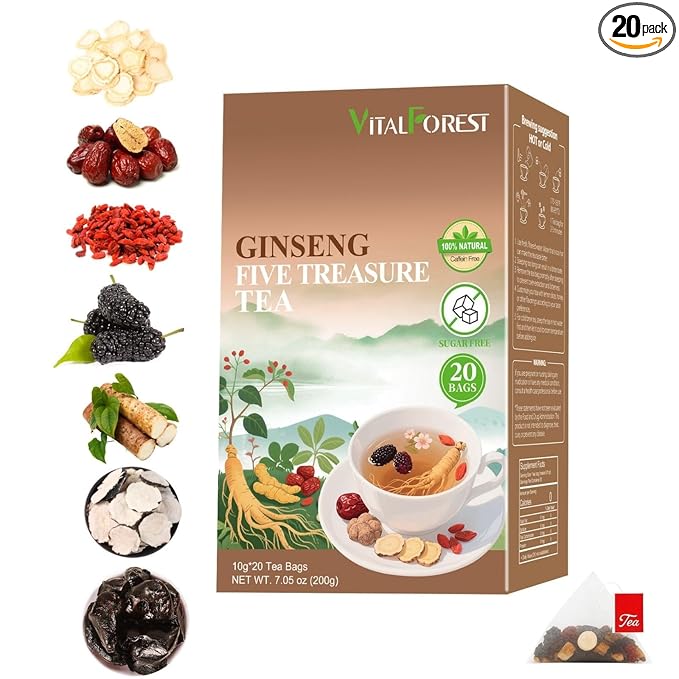 Herbal Tea Formula Ginseng Six Treasure Tea – 10g x 20 Bags Ginseng & Mulberry Herbal Tea Bags, Herbal Tea for Men & Women with Goji, Red Dates & Maca
